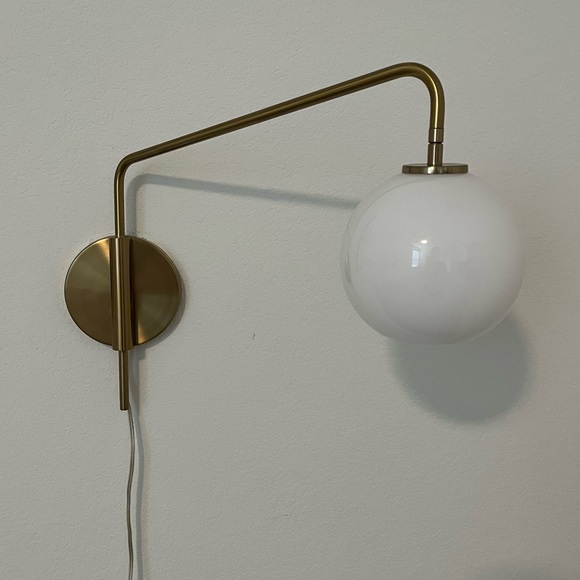 West Elm Antique Brass Adjustable Sculptural Sconce 6” Milk White Glass Globe - Picture 2 of 4